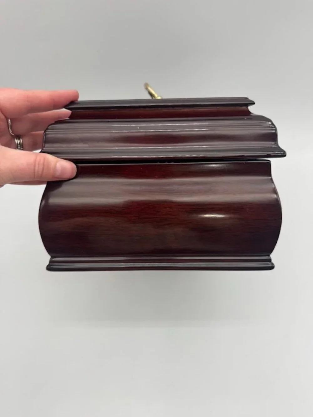 Vintage Mahogany Lacquer Jewelry Box Brass Lock Keys Velvet Lined 12in